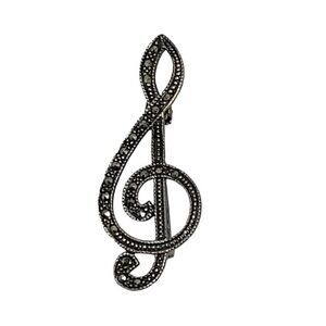 Vintage Signed MA Michael Anthony‎ Sterling Silver Marcasite Treble Clef Brooch
